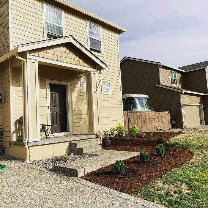 Residential front yard with fresh mulch and new shrubs